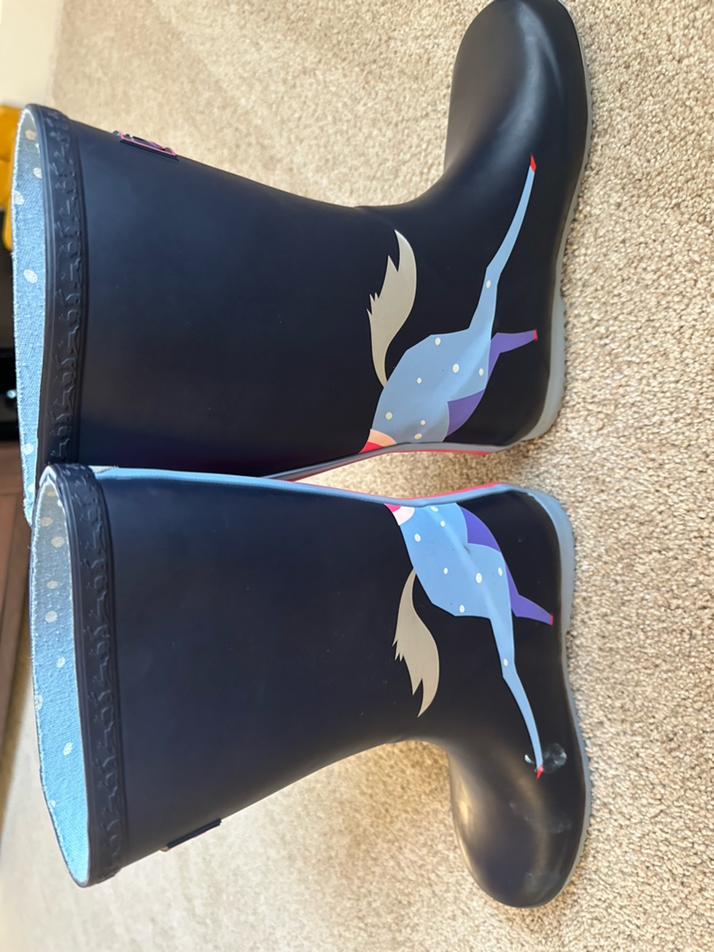 Joules Navy Unicorn Rain Boots with Polka Dot Lining - Picture 4 of 7